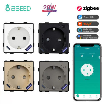 BSEED Zigbee-enchufe inteligente con Monitor de potencia, salida con USB tipo C, piezas de bricolaje, carga rápida de 20W, Control por aplicación Tuya Smart Life Alexa