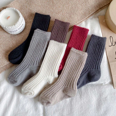 1 par de nuevos calcetines cálidos para niños, calcetines gruesos de lana cálidos, calcetines de tubo Retro de doble aguja de Color sólido para bebés de 1 a 9 años