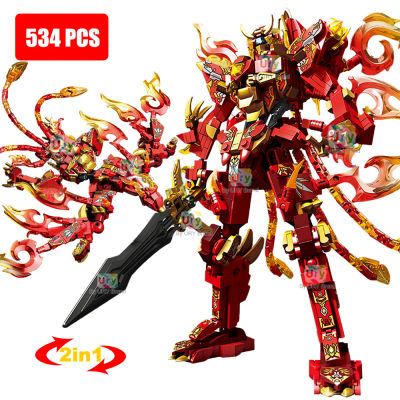 Juguete de Bloques de Construcción 2 en 1, Robot Guerrero Ninja Rojo, Mecha de Batalla, Dragón de Fuego Volador, Regalo de Navidad