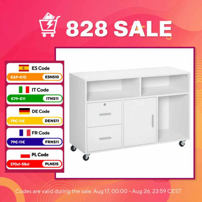HOMCOM Mueble de Oficina con Ruedas Cajones y Estantes 100x35x65 cm Blanco