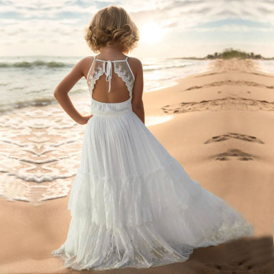 Vestidos largos de algodón de encaje de princesa para niñas, Vestidos de fiesta de cumpleaños y boda con flores para bebés y niños de 3 a 15 años