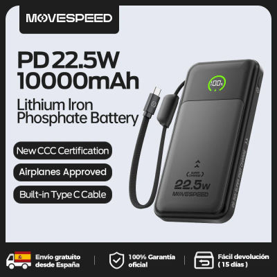 【CCC】MOVESPEED P19 Power Bank 10000mAh con cable USB C integrado, batería LFP, cargador externo para iPhone Xiaomi Samsung
