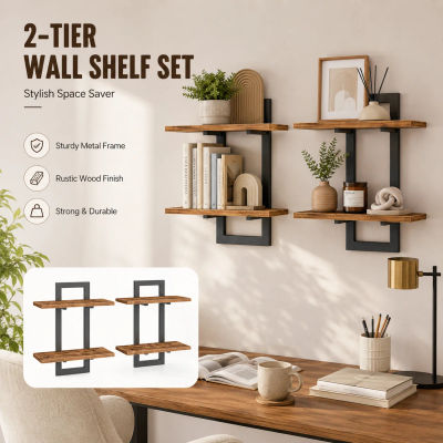 1/2 Piezas Estantes de Pared de 2 Niveles, Estanterías Flotantes de Madera, Estantes Colgantes para Baño, Bandeja para Plantas, Almacenamiento para Cocina, Sala de Estar