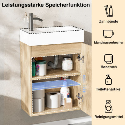 Mueble de baño de madera con lavabo y conjunto de desagüe, tocador de pared con cierre suave para espacios pequeños (accesorios de grifería no incluidos)