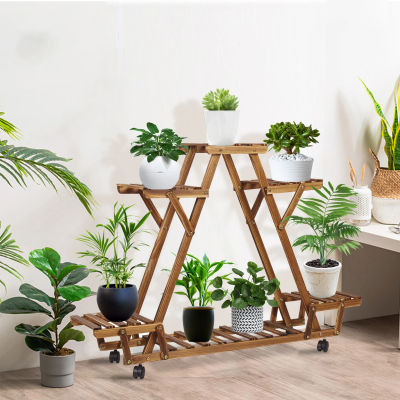 Soporte de Madera para Plantas con 6 Macetas, Soporte Triangular con Ruedas para Flores, Estante de Almacenamiento para Jardín Exterior