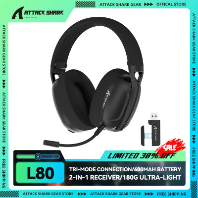 ATTACK SHARK L80 Auriculares para juegos ultraligeros de 180 g, micrófono enchufable, con cable/Bluetooth/inalámbrico 2.4G, sonido estéreo de 5.1 canales