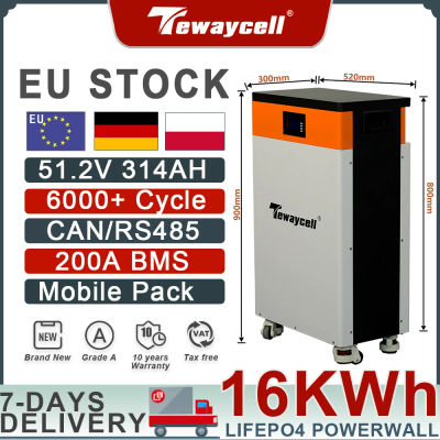 Batería Tewaycell Powerwall de 51.2V 16KWh 314Ah LiFePO4 con BMS Integrado de 200, Fosfato de Hierro y Litio, 6000 Ciclos, Monitor, Stock en la UE