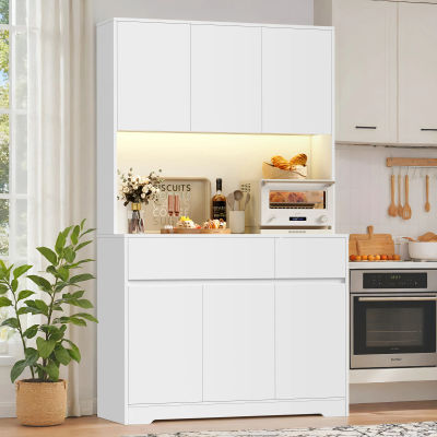 Getone Alacena Cocina con Iluminacion LED, Muebles de Cocina, Aparador Comedor, Armario Cocina Almacenaje, Regleta, Encimera para Microondas, 6 Puertas, 2 Cajones, Particiones ajustables