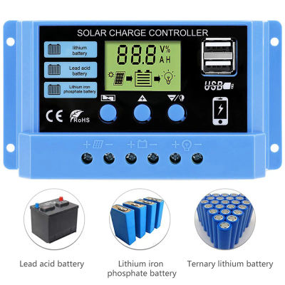 Controlador solar 12V/24V 30A 20A 10A Regulador solar Cargador de batería PWM Pantalla LCD Salida USB dual de 5V