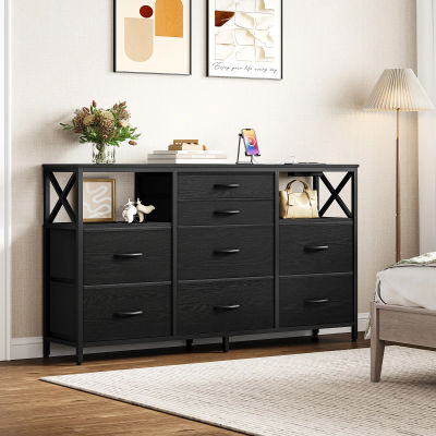Cómoda de 140 cm, 2 Puertos USB y 2 Puertos AC, con 8 Cajones de Tela, Mueble de Almacenamiento Versátil para Sala de Estar, Dormitorio, Negro