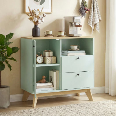 Aparador para salón, mueble de almacenaje con puerta, 2 cajones, un compartimento abierto y un estante ajustable, verde claro y roble