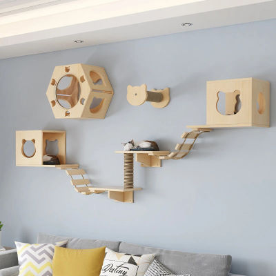 Estantes de pared de madera para gatos con puente y escalera, muebles para gatos, árbol para trepar, espacio de actividades para gatitos, cama para gatos, poste de sisal