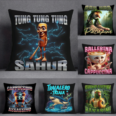 Funda de almohada ITALlAN Brainrot con diseño de animal creativo, funda de cojín cuadrada de doble cara con estampado de felpa corta para sofá, almohada para cabecera de dormitorio