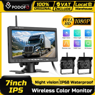 Monitor de coche Podofo de 7 pulgadas y cámara de visión trasera inalámbrica con visión nocturna 1080P, asistencia de estacionamiento con 2 cámaras, antiinterferencias, IP68, resistente al agua, para