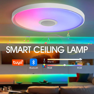 Lámparas de techo inteligentes LED RGB aplicación remota Control atenuación iluminación moderna para el hogar luz musical con altavoz para sala de estar dormitorio