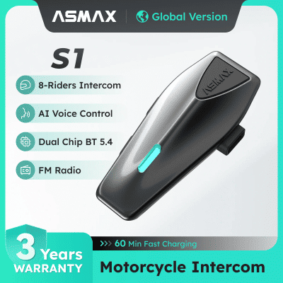 ASMAX S1 Intercomunicador Bluetooth para motocicleta Auriculares de comunicación para 8 conductores con micrófono FM y ENC, control de voz, resistente al agua IPX7
