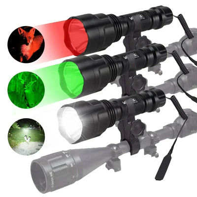 Linterna LED C8, linterna táctica para Rifle de caza, color blanco/verde/rojo, interruptor de presión, soporte para mira de riel, 18650 + cargador USB