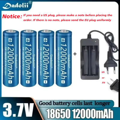 Batería 18650 de 12000mAh, con Cargador, 3.7V Recargable de Iones de Litio, Apta para Linternas/Juguetes, Enchufe EU-US, Transporte Aéreo