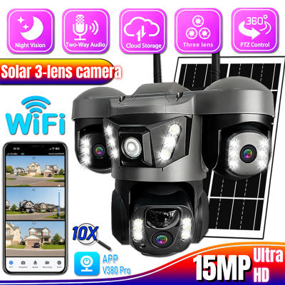 Cámara Solar V380 de 15MP, tres lentes, tres pantallas, Monitor con Zoom 10x, visión nocturna, protección de seguridad, vídeo PTZ, WIFI, vigilancia IP