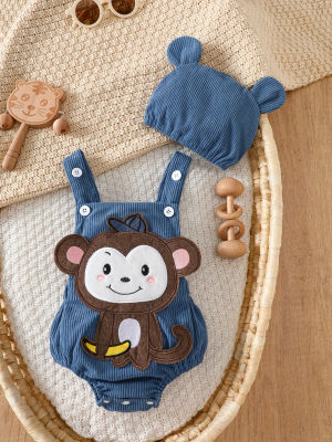 Conjunto de Dos Piezas para Bebés Niños, Temporada Primavera-Verano, Estilo Casual y Lindo con Bordado de Mono, Conjunto de Mameluco y Gorro para Bebé
