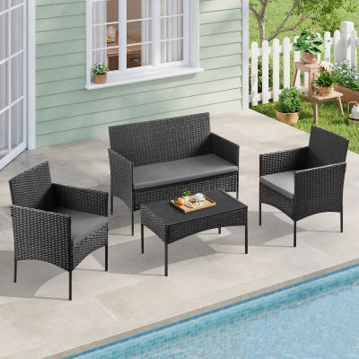 WOLTU Juego de muebles de jardín de ratán, mesa de centro, 2 sillones y sofá para 2 personas con cojín, resistente a la intemperie, para balcón y jardín