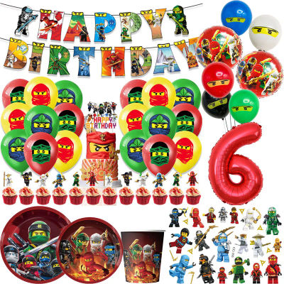 Decoración de Fiesta de Cumpleaños con Globos de Ninja Go, Platos y Vasos Desechables, Globos de Látex de Lego, Mantel y Pancarta para Niños y Baby Shower