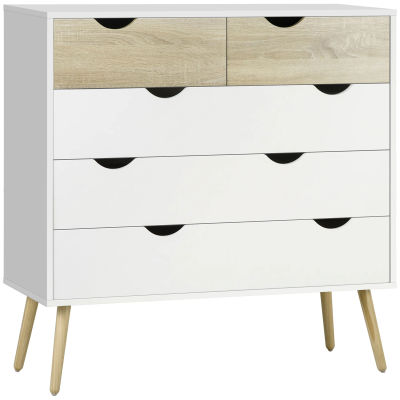 HOMCOM Práctico mueble de almacenaje de diseño escandinavo con 5 cajones, aglomerado de partículas, 99x39 x cm, aspecto blanco, roble
