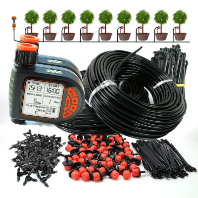 Kit de riego por goteo con temporizador y Sensor de lluvia inteligente para jardín de 5-50M para plantas al aire libre, sistema de riego automático con gotero ajustable de 1/4"