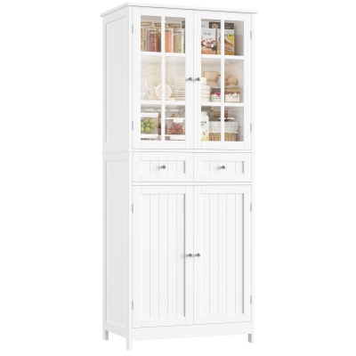 Mueble de cocina, mueble tipo aparador de 179,9 cm con 2 puertas de cristal, mueble alto para almacenamiento con 4 puertas y 2 cajones.