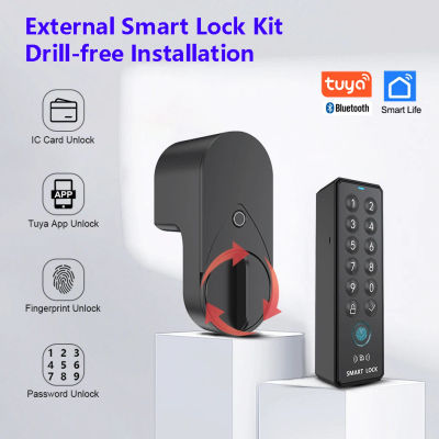 Cerradura inteligente con Bluetooth Tuya, desbloqueo por huella dactilar, contraseña y tarjeta IC; no requiere perforación para su instalación.