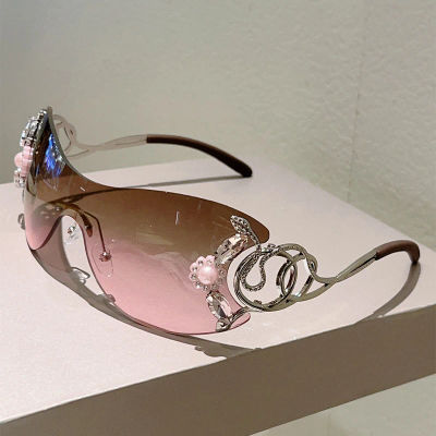 KAMMPT gafas de sol sin montura Y2k con diamantes de imitación para mujer, gafas de sol monobloque a la moda para decoración al aire libre, gafas de sol con gradiente de diseño moderno
