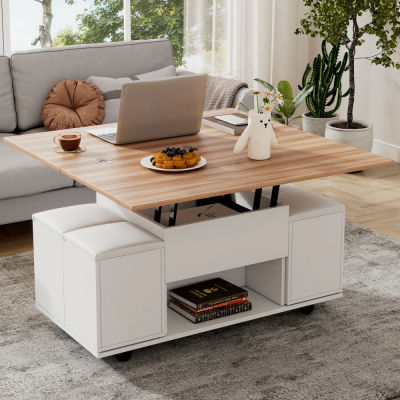 Mesa de centro 3 en 1 ajustable en altura, mesa de comedor y escritorio convertible con espacio de almacenamiento, juego de mesa móvil para sala de estar con 4 taburetes a juego, muebles