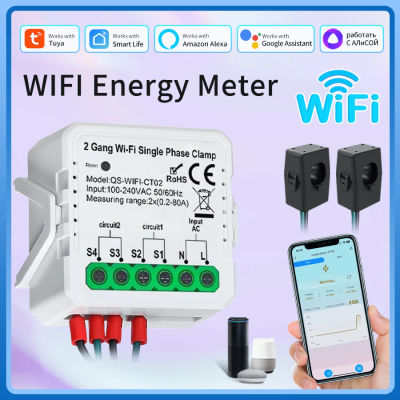 Tuya Wifi inteligente medidor de energía 1CH 2CH abrazadera de transformador de corriente 80A sistema Solar fotovoltaico Monitor de consumo de producción de energía 100-240V