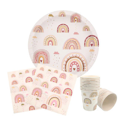 10 Piezas de Vajilla Desechable con Tema Arcoíris Bohemio, Platos, Servilletas y Vasos de Papel, Decoración para Fiestas de Cumpleaños y Baby Shower