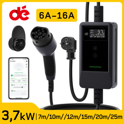 dé Cargador Coche Eléctricos Tipo 2 de 3,7 kW con Aplicación, Cable de Carga de 7 m, 10 m, 15 m, 20 m y 25 m, Monofásico, Ajuste de Corriente de 6A a 16A, Cargador EV Plug & Play para Vehículos