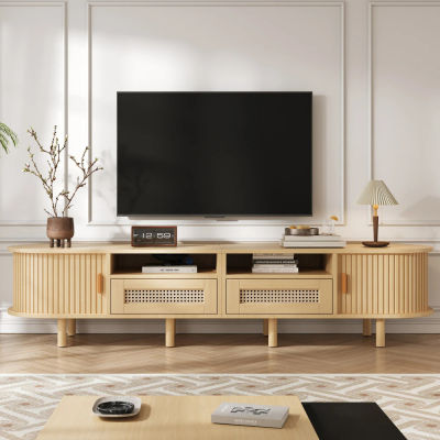 Mueble para TV ovalado de 170×40×40cm en color madera, con 2 cajones con diseño de ratán y 2 puertas correderas, apto para televisores de hasta 70 pulgadas