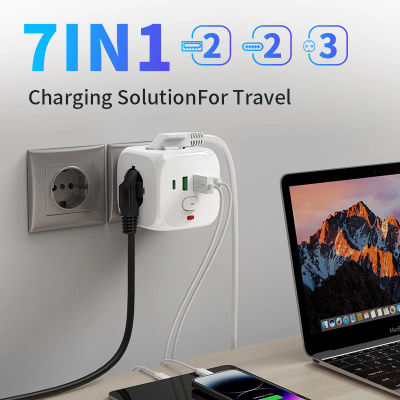 Enchufe de pared con toma de corriente, 3 tomas de CA, 2 puertos USB y 2 puertos tipo C, cargador 7 en 1 con enchufe europeo, interruptor de encendido/apagado para el hogar