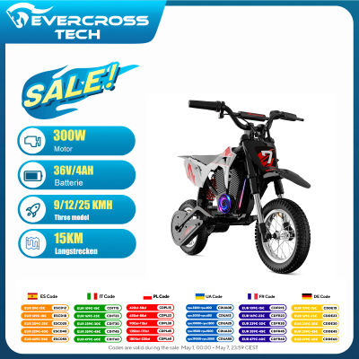 Moto eléctrica infantil EVERCROSS TECH EV12M Pro - 300W, 25 km/h, 15 km de autonomía de batería, Bluetooth y LED, neumáticos de 12''.