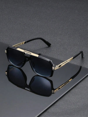 1 par de gafas de sol clásicas de aviador para hombre, montura transparente en T, color gris, estilo europeo y americano, doble viga, borde cortado, metal