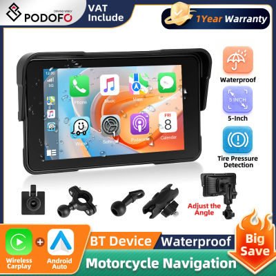 Podofo Reproductor Inteligente para Motocicleta de 5 Pulgadas con Pantalla Impermeable IP68, CarPlay Inalámbrico, Android Auto, Monitor de Navegación, Sistema de Monitoreo de Presión de Neumáticos