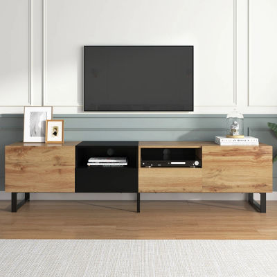 KOMHTOM Mueble para TV moderno Diseño negro y madera, Almacenamiento espacioso, Construcción robusta