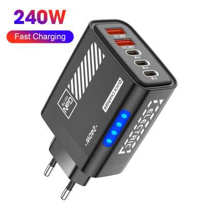 Cargador USB GaN de 240W 5 en 1 carga rápida tipo C carga rápida 3,0 QC 3,0 adaptador de pared LED para iPhone 17 16 Samsung Xiaomi Huawei