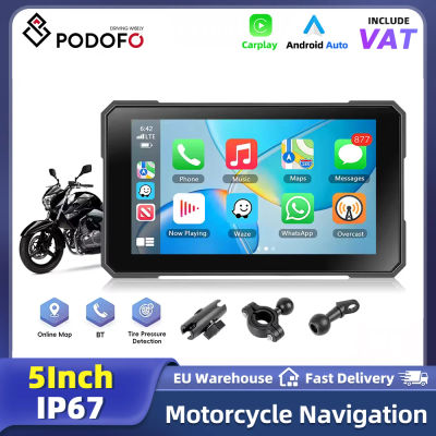 Podofo Monitor portátil para motocicleta de 5 pulgadas, reproductor inteligente con navegación GPS inalámbrico Carplay Android Auto, pantalla multifuncional impermeable IP67 para montar en motocicleta