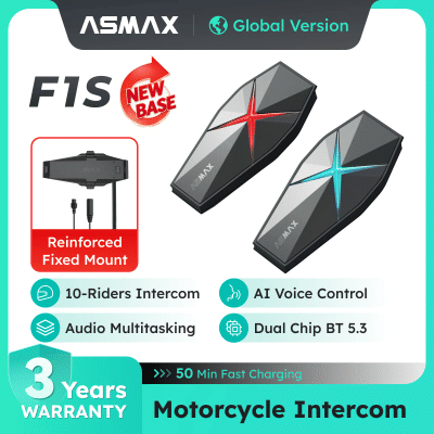 Intercomunicador para Motocicletas ASMAX F1S para 50 Motociclistas, Comando de Voz, Comunicación Bluetooth 5.3 en el Casco, Sonido de Alta Fidelidad, Sin Base Magnética