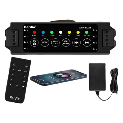 Amplificador de Audio Bluetooth de 4 Canales Herdio con Control Remoto para Altavoces de Pared/Techo de Baño, Compatible con EU/US/UK/AU