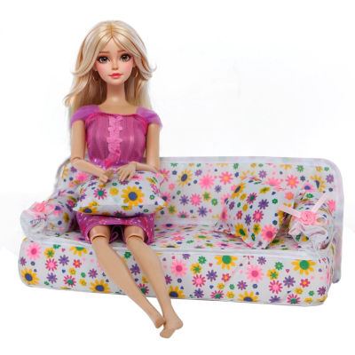 1 Juego de Mini sofá para muñecas, muebles de peluche, juguete con estampado de flores y 2 cojines para muñecas de 11,5 pulgadas, accesorios, sofá, juguetes para muñecas