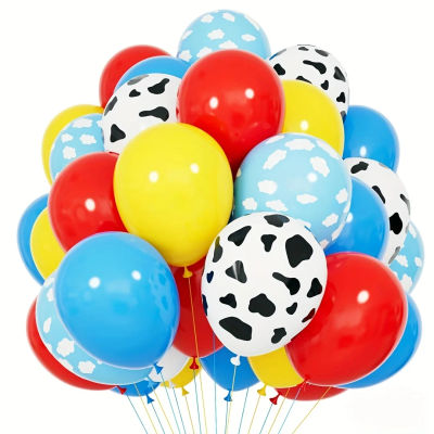 Globos de Juguete Rojos, Amarillos y Azules, Globos con Estampado de Vacas y Nubes Azules Claros para Decoraciones Temáticas de Cumpleaños de Bebés y Fiestas de Fútbol