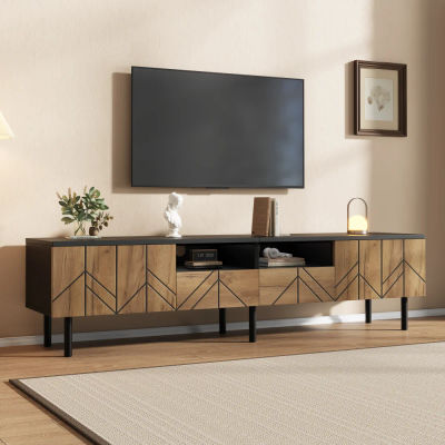 Mueble para TV en Tono Madera Negra 180x40x45cm, Centro de Entretenimiento Moderno y Minimalista, Mueble para TV con 2 Cajones, 2 Puertas de Almacenamiento, Decoración Geométrica, Patas Elevadas,