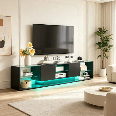 Rosahqnda Mueble TV 200x35x45 cm con luces LED, mueble de almacenaje nórdico de alto brillo con 2 cajones y estantes abiertos para salón, MDF y vidrio, negro/blanco