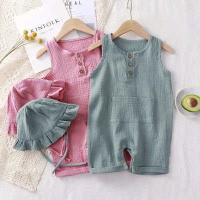 2 unids/set de ropa de verano para bebé, pelele liso para recién nacido con sombrero de muselina de algodón sin mangas, trajes de mono para bebés y niñas